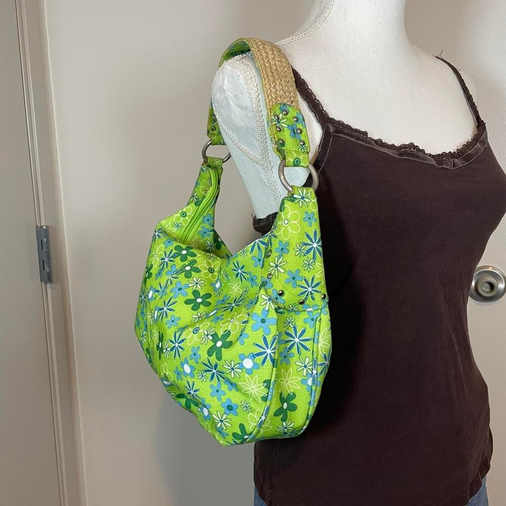 Vibrant Green Daisy Flower Print Retro Woven Strap Purse Shoulder Bag